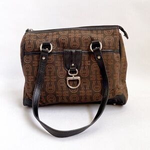 Etienne Aigner Brown Leather Strap Horseshoe Print Shoulder Tote Bag